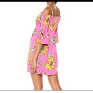 Trina Turk pink floral smocked off the shoulder mini dress flounce sleeve sz lrg